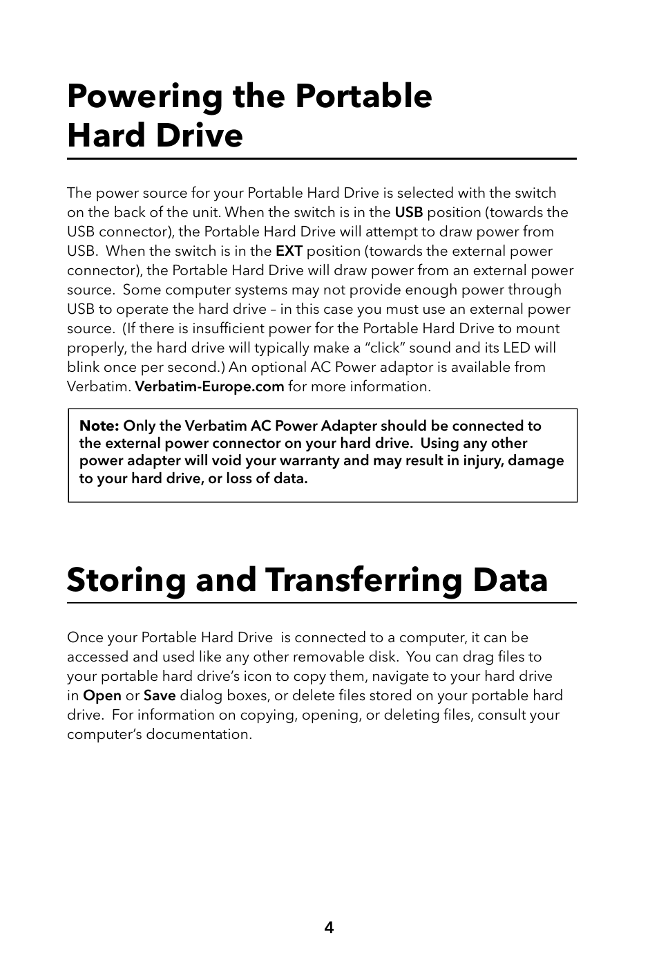 Powering the portable hard drive, Storing and transferring data | Verbatim Portable Hard Drive USB 2.0 User Manual | Page 4 / 53