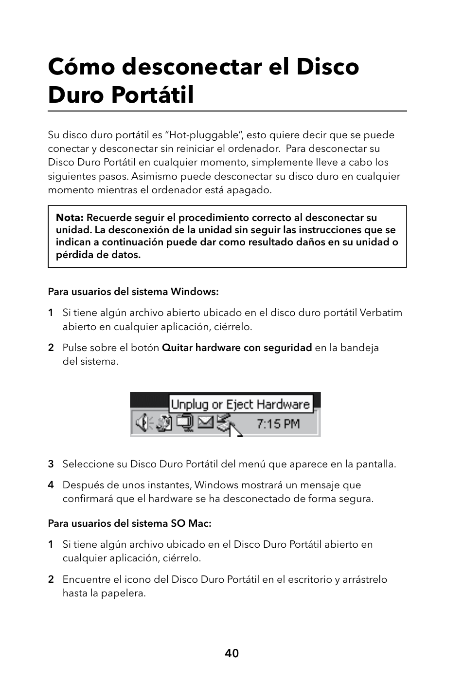 Cómo desconectar el disco duro portátil | Verbatim Portable Hard Drive USB 2.0 User Manual | Page 40 / 53