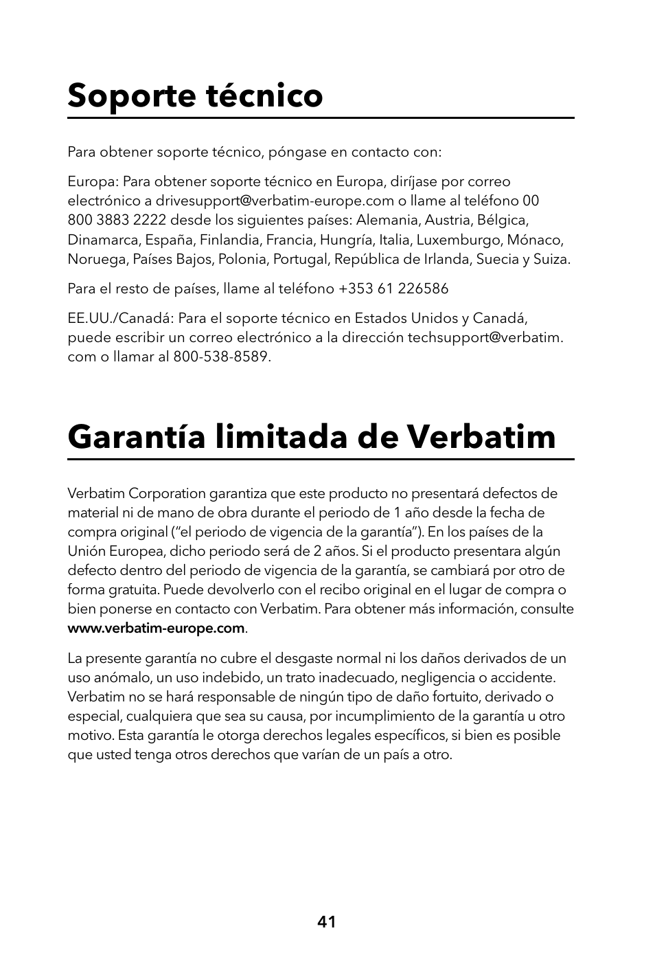 Soporte técnico, Garantía limitada de verbatim | Verbatim Portable Hard Drive USB 2.0 User Manual | Page 41 / 53