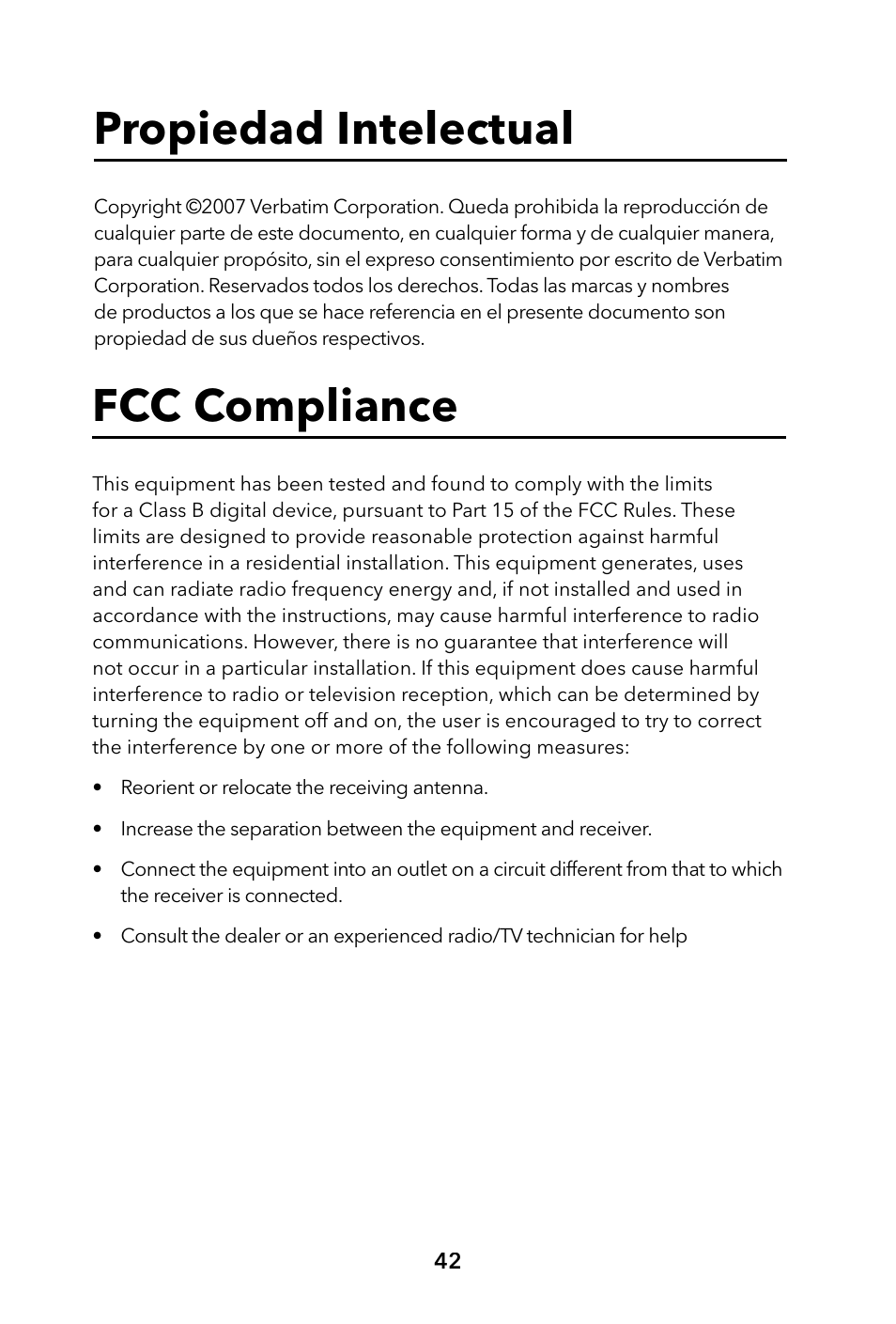 Propiedad intelectual, Fcc compliance | Verbatim Portable Hard Drive USB 2.0 User Manual | Page 42 / 53