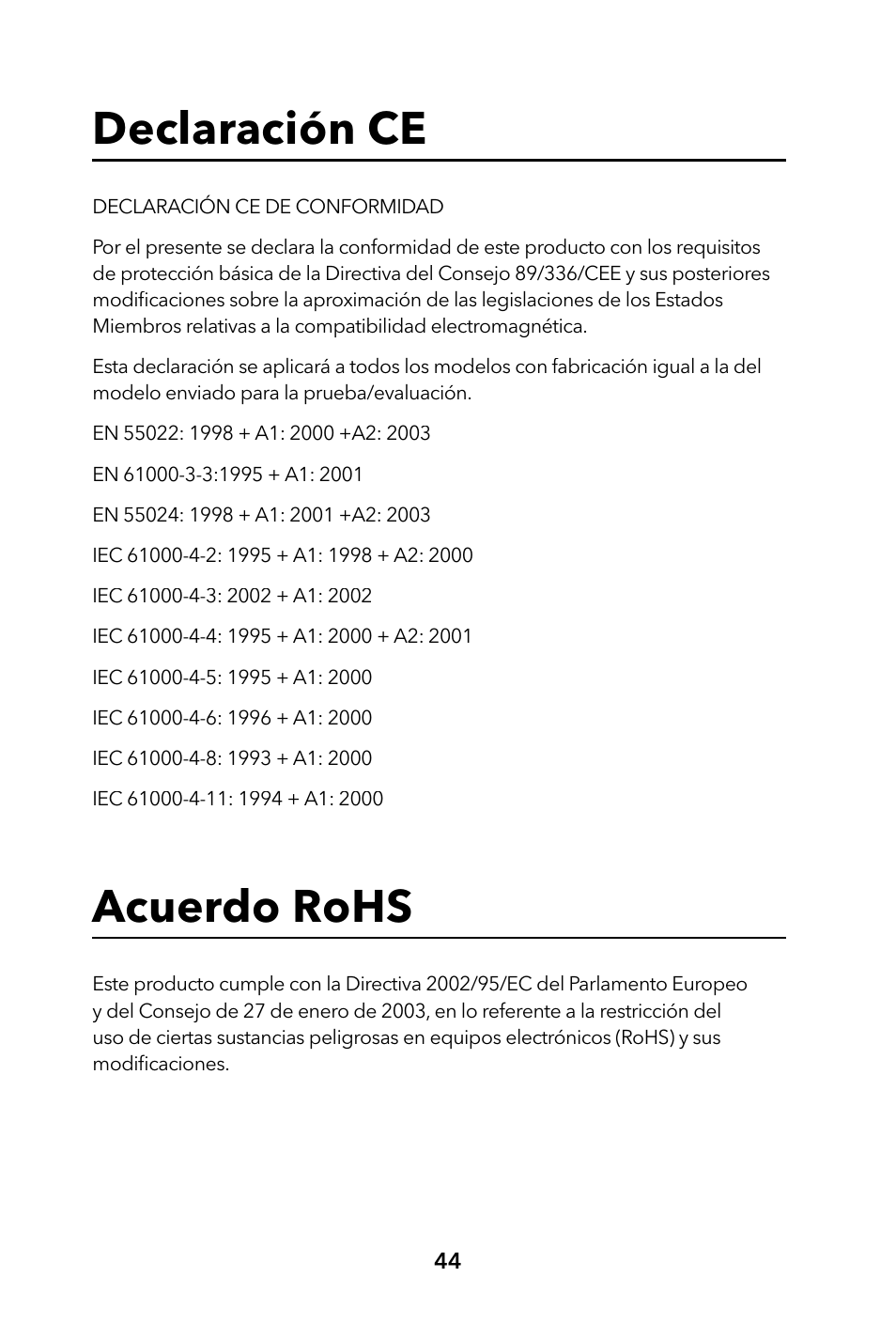 Declaración ce, Acuerdo rohs | Verbatim Portable Hard Drive USB 2.0 User Manual | Page 44 / 53