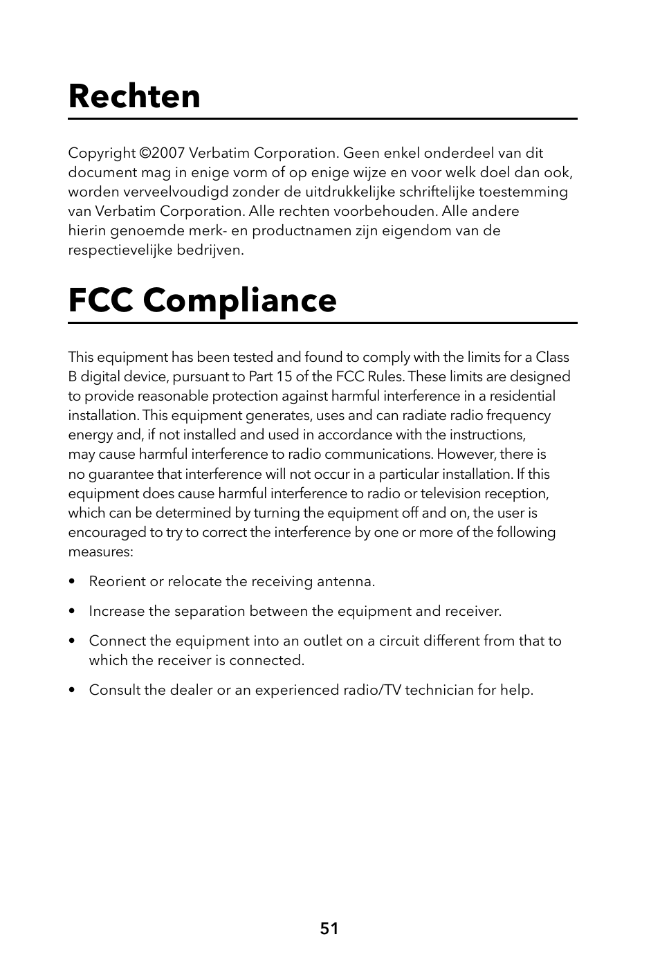 Rechten, Fcc compliance | Verbatim Portable Hard Drive USB 2.0 User Manual | Page 51 / 53