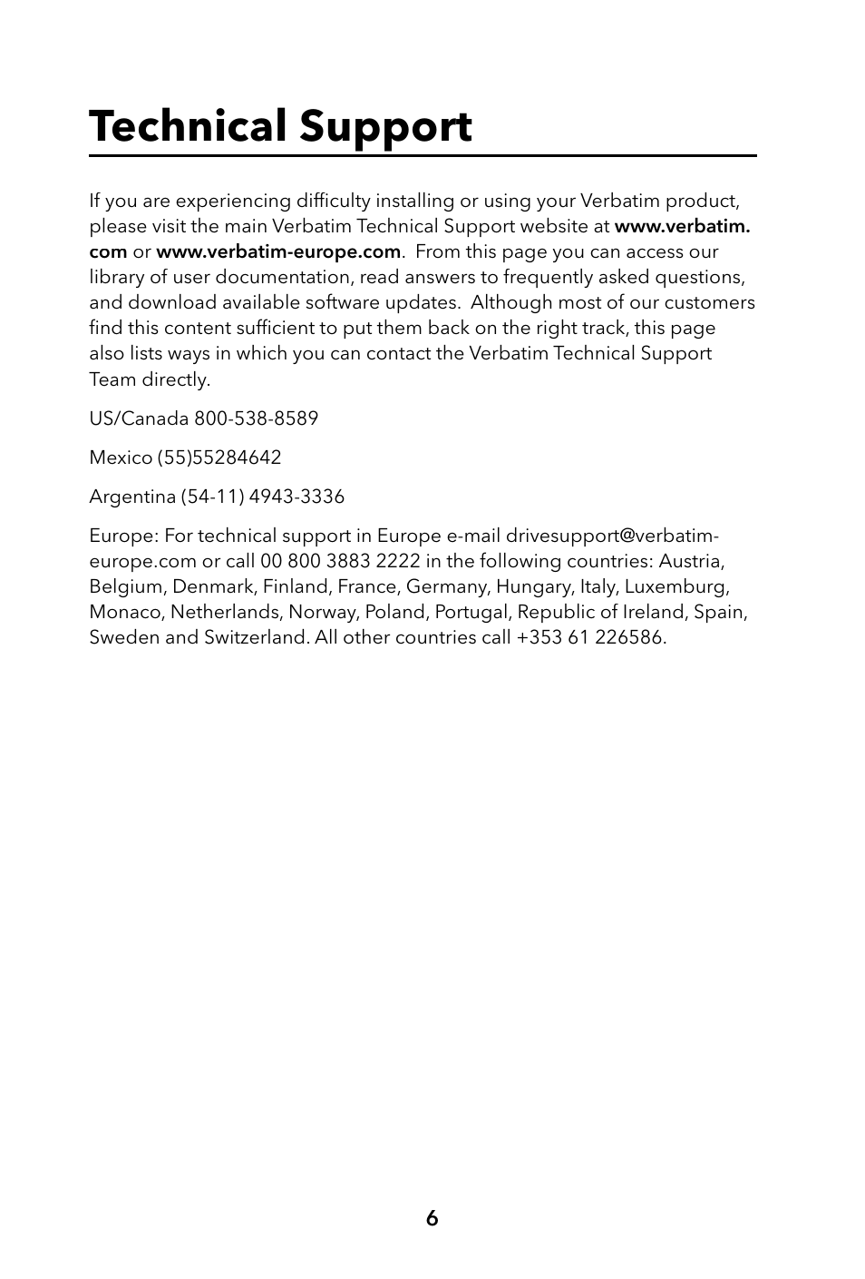 Technical support | Verbatim Portable Hard Drive USB 2.0 User Manual | Page 6 / 53