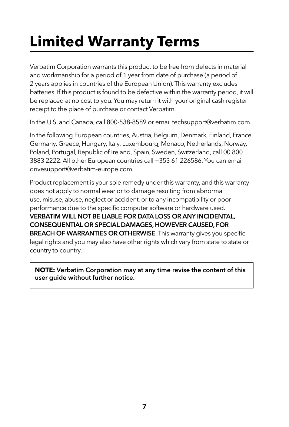 Limited warranty terms | Verbatim Portable Hard Drive USB 2.0 User Manual | Page 7 / 53