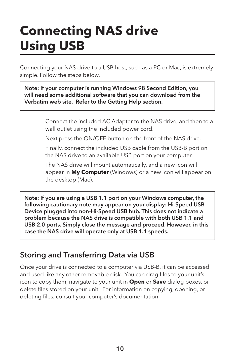 Connecting nas drive using usb, Storing and transferring data via usb | Verbatim External Hard Drive NAS User Manual | Page 10 / 44