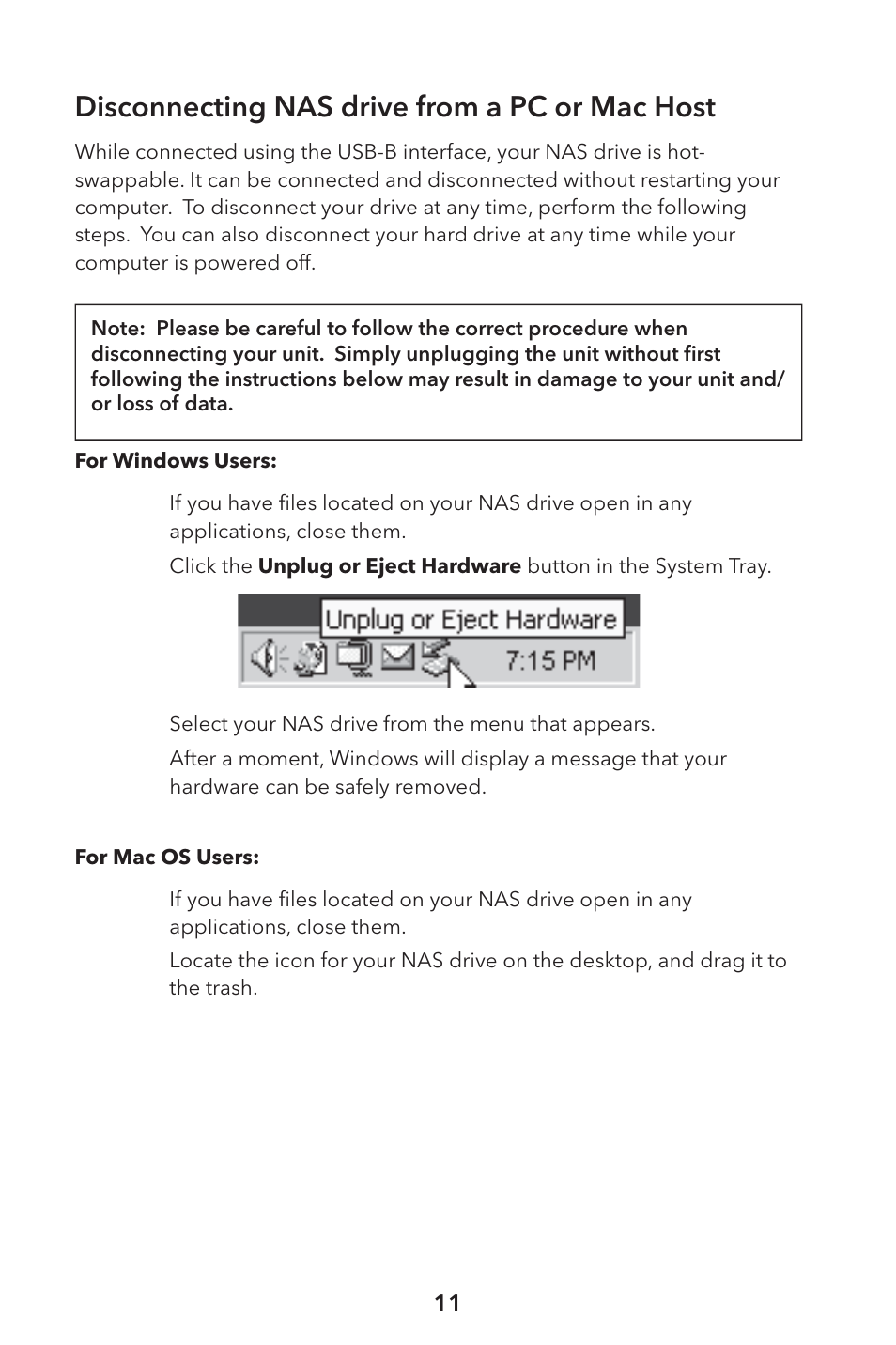 Disconnecting nas drive from a pc or mac host | Verbatim External Hard Drive NAS User Manual | Page 11 / 44
