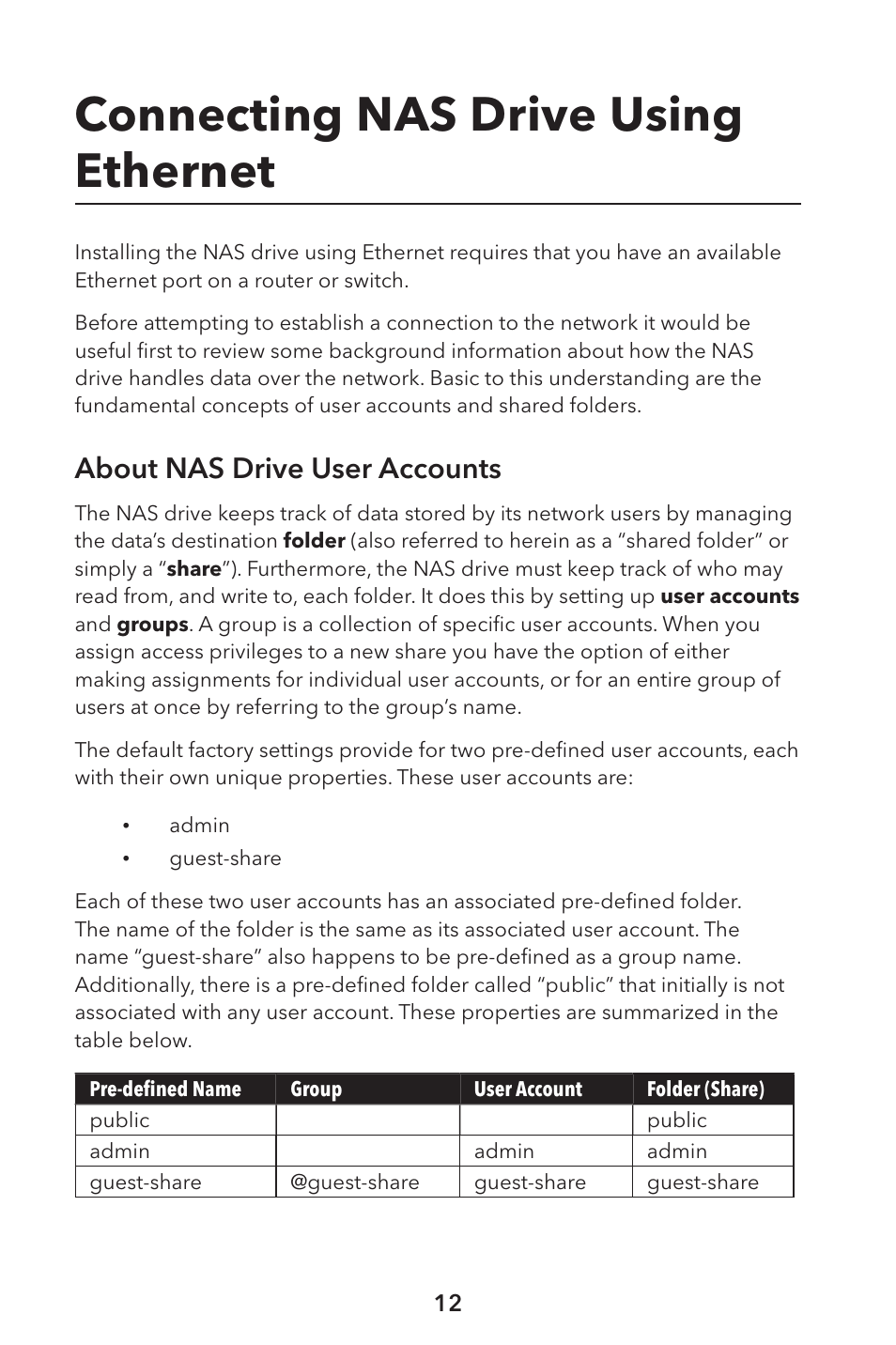 Connecting nas drive using ethernet, About nas drive user accounts | Verbatim External Hard Drive NAS User Manual | Page 12 / 44