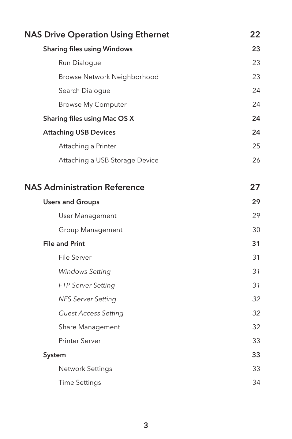 Nas drive operation using ethernet 22, Nas administration reference 27 | Verbatim External Hard Drive NAS User Manual | Page 3 / 44