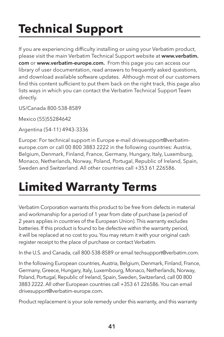 Technical support, Limited warranty terms | Verbatim External Hard Drive NAS User Manual | Page 41 / 44