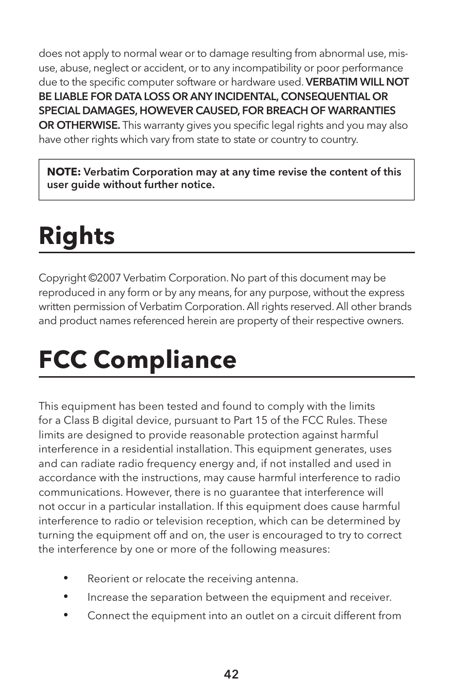 Rights, Fcc compliance | Verbatim External Hard Drive NAS User Manual | Page 42 / 44