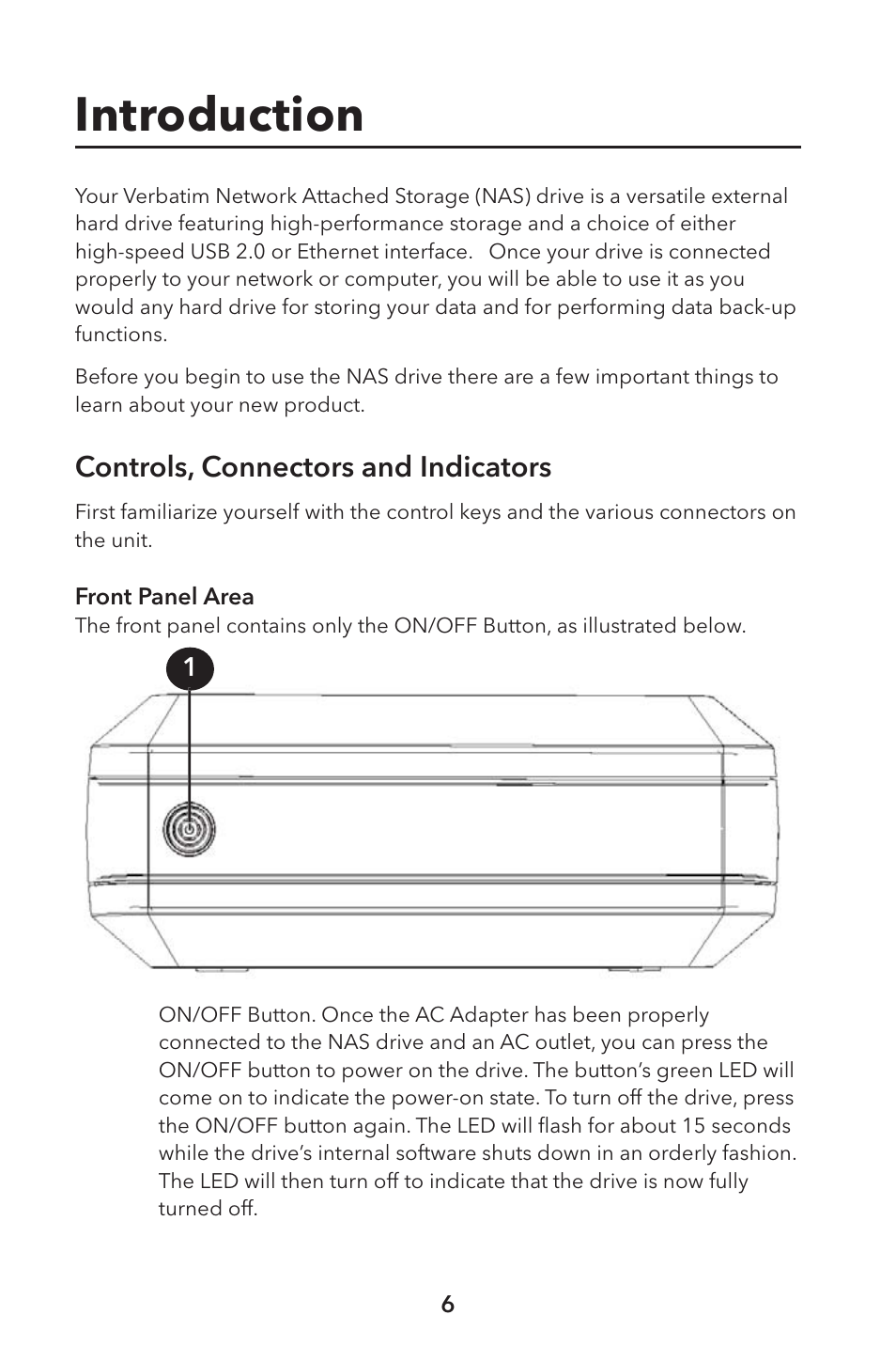 Introduction, Controls, connectors and indicators | Verbatim External Hard Drive NAS User Manual | Page 6 / 44