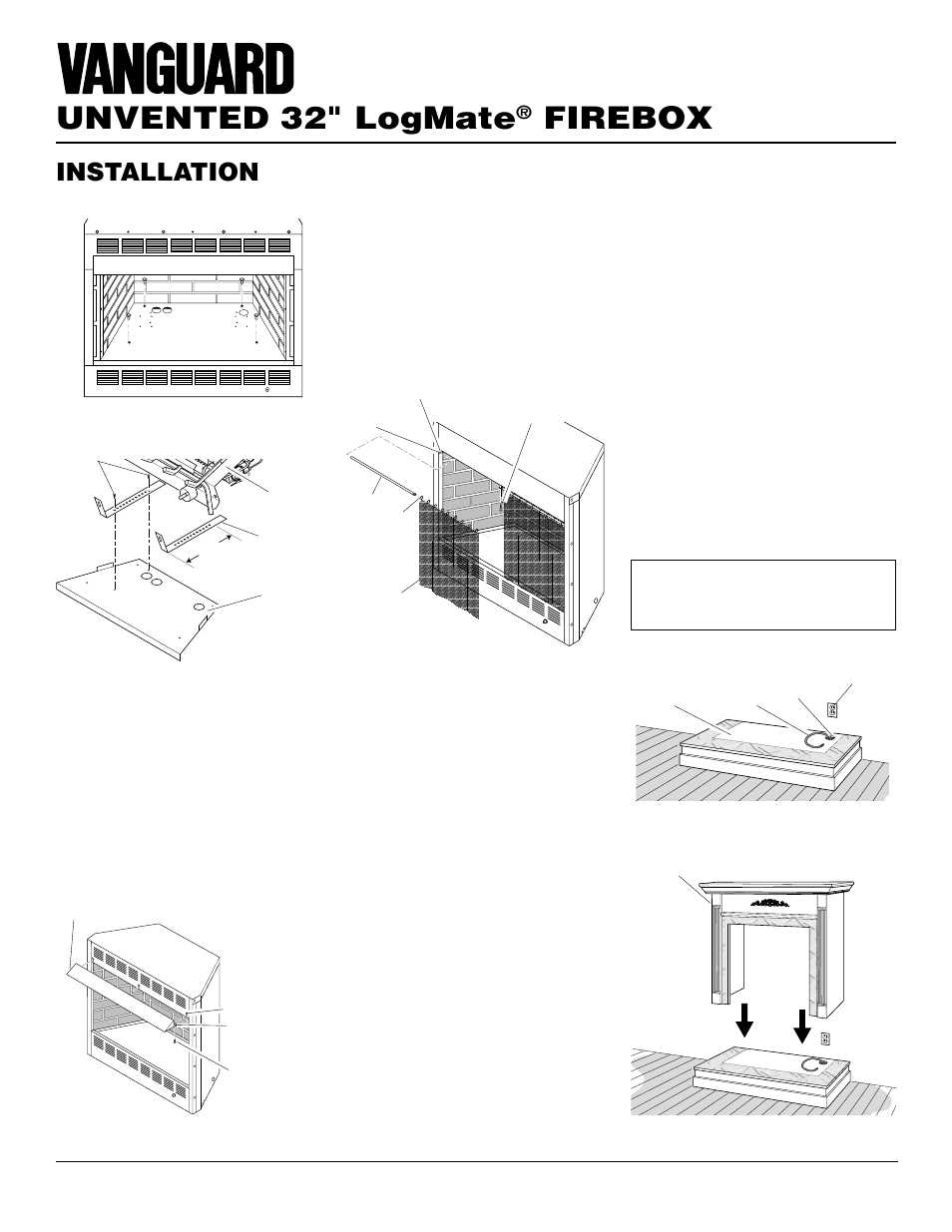 Unvented 32" logmate, Firebox, Installation | Continued, Installing fireplace screen, Installing fireplace hood | Vanguard Managed Solutions NLFB32NC User Manual | Page 10 / 18