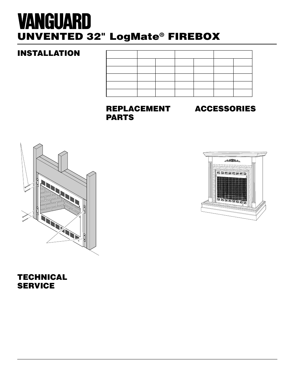Unvented 32" logmate, Firebox, Accessories | Technical service, Replacement parts, Installation, Continued, Cabinet mantel, Parts under warranty, Parts not under warranty | Vanguard Managed Solutions NLFB32NC User Manual | Page 12 / 18