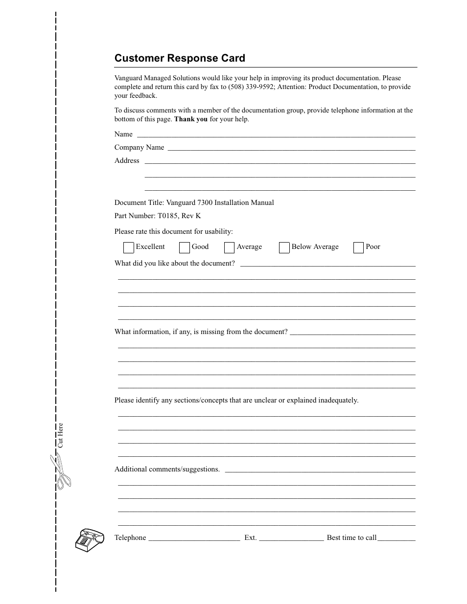 Customer response card | Vanguard Managed Solutions Vanguard 7300 Series User Manual | Page 11 / 227