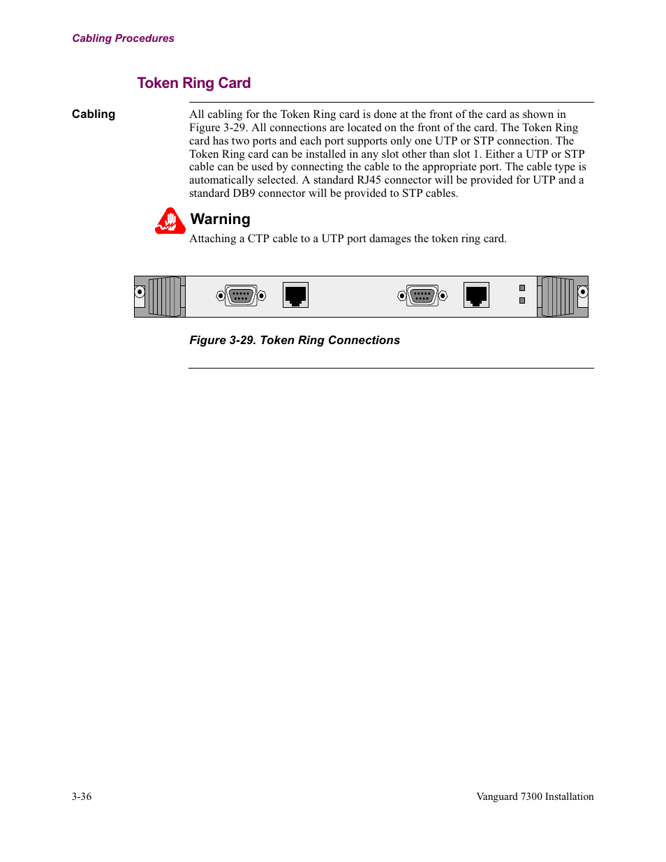 Token ring card, Warning | Vanguard Managed Solutions Vanguard 7300 Series User Manual | Page 110 / 227