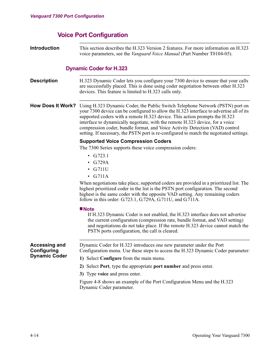 Voice port configuration, Dynamic coder for h.323 | Vanguard Managed Solutions Vanguard 7300 Series User Manual | Page 124 / 227