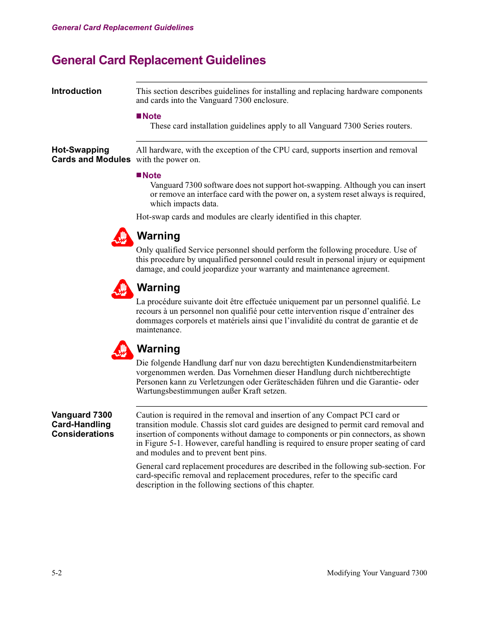 General card replacement guidelines | Vanguard Managed Solutions Vanguard 7300 Series User Manual | Page 140 / 227