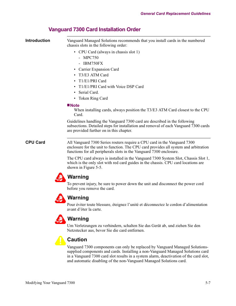 Vanguard 7300 card installation order, Warning, Caution | Vanguard Managed Solutions Vanguard 7300 Series User Manual | Page 145 / 227