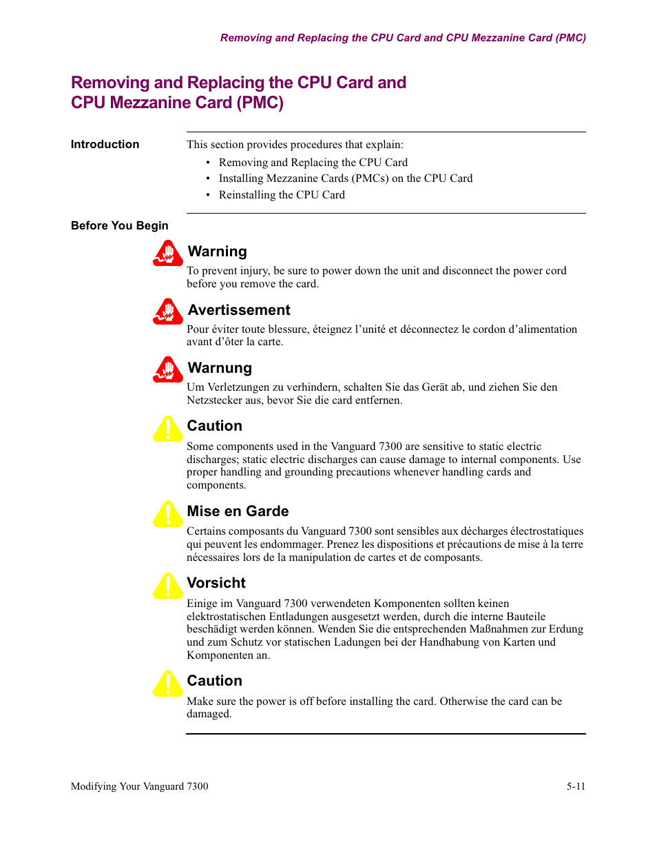 Removing and replacing the cpu card and, Cpu mezzanine card (pmc) | Vanguard Managed Solutions Vanguard 7300 Series User Manual | Page 149 / 227