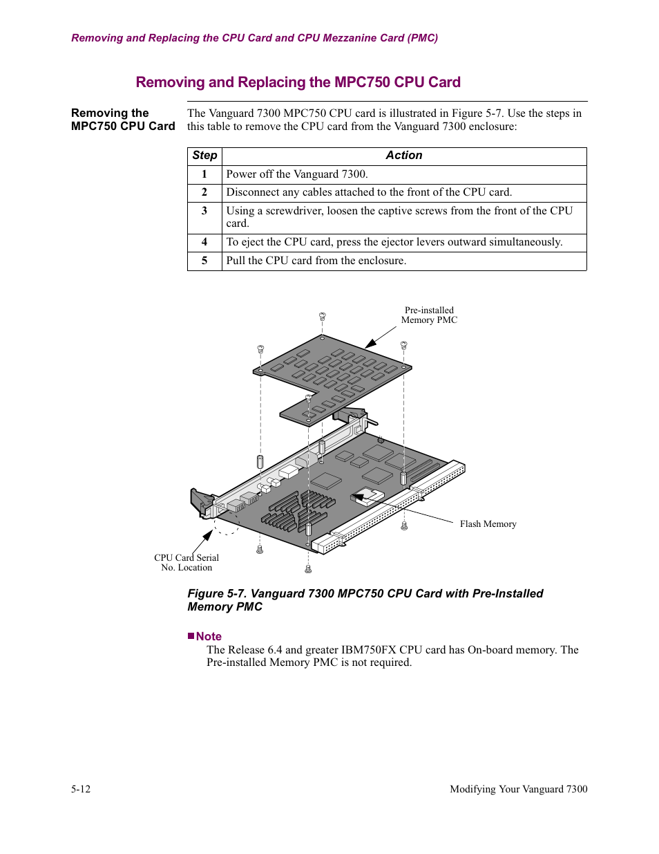 Removing and replacing the mpc750 cpu card | Vanguard Managed Solutions Vanguard 7300 Series User Manual | Page 150 / 227