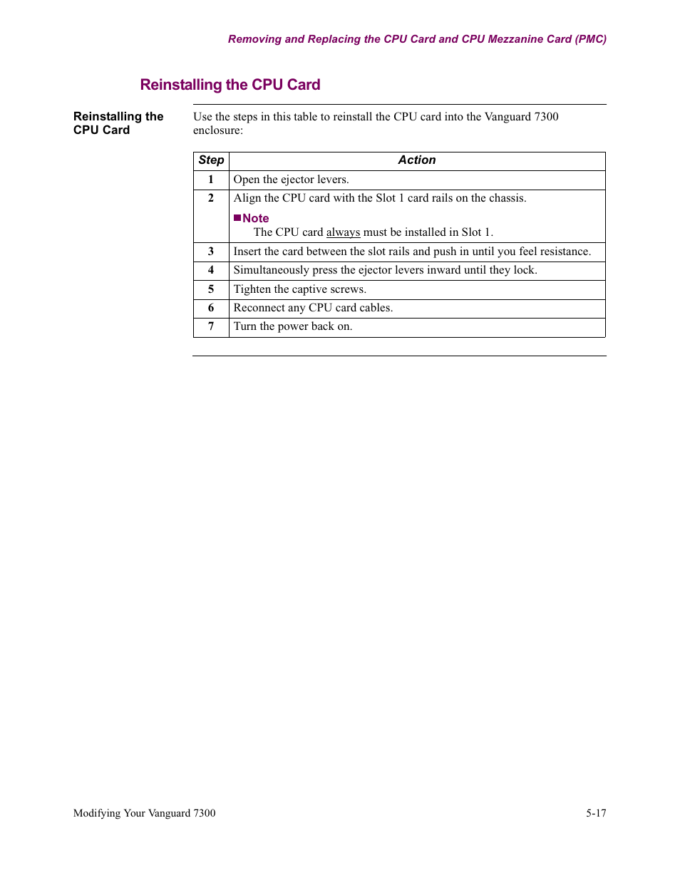 Reinstalling the cpu card | Vanguard Managed Solutions Vanguard 7300 Series User Manual | Page 155 / 227