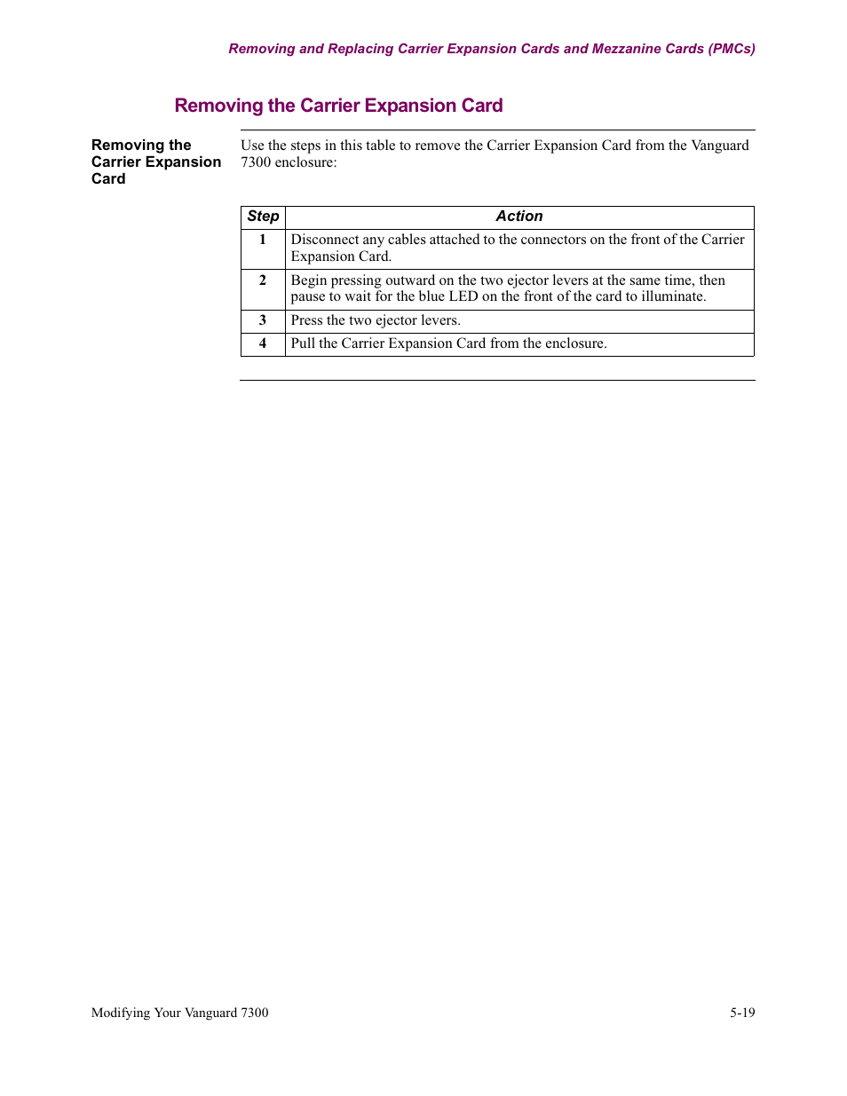 Removing the carrier expansion card | Vanguard Managed Solutions Vanguard 7300 Series User Manual | Page 157 / 227
