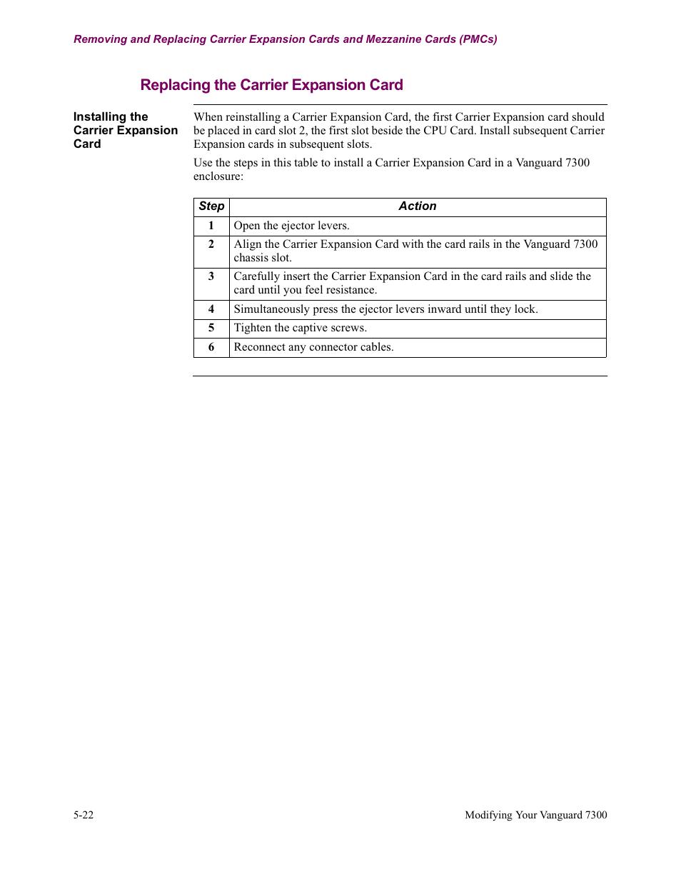 Replacing the carrier expansion card | Vanguard Managed Solutions Vanguard 7300 Series User Manual | Page 160 / 227