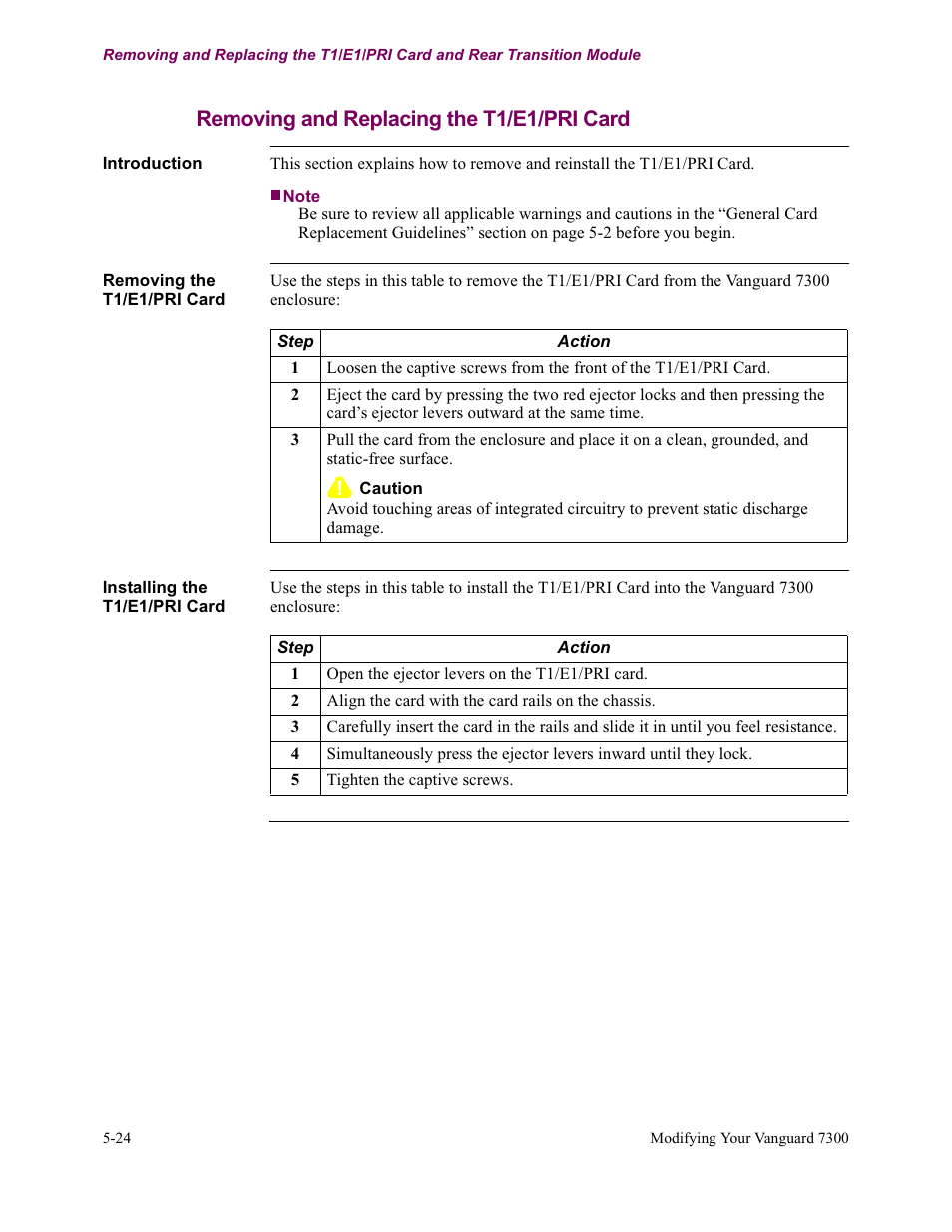 Removing and replacing the t1/e1/pri card | Vanguard Managed Solutions Vanguard 7300 Series User Manual | Page 162 / 227