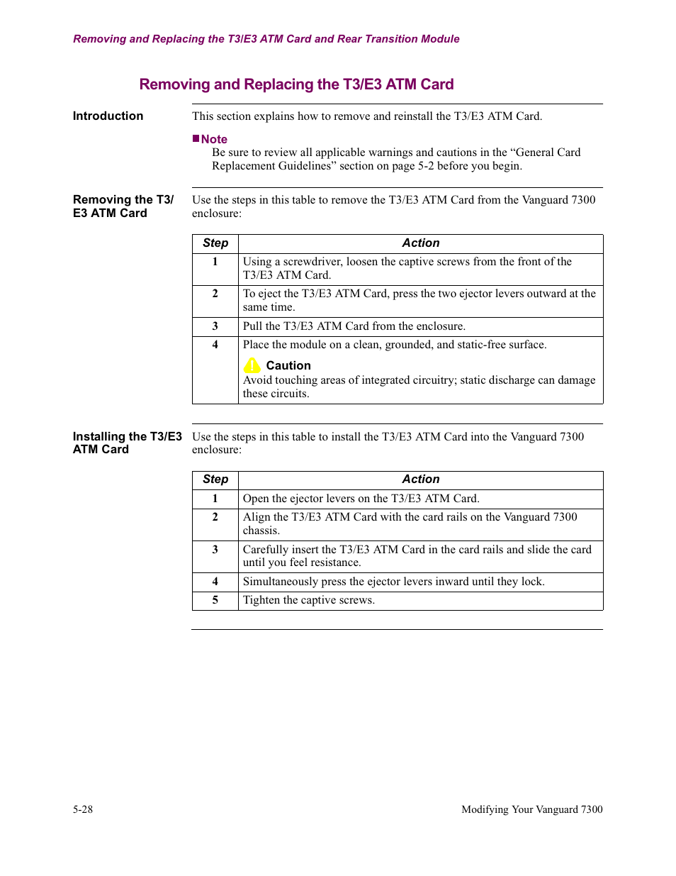 Removing and replacing the t3/e3 atm card | Vanguard Managed Solutions Vanguard 7300 Series User Manual | Page 166 / 227