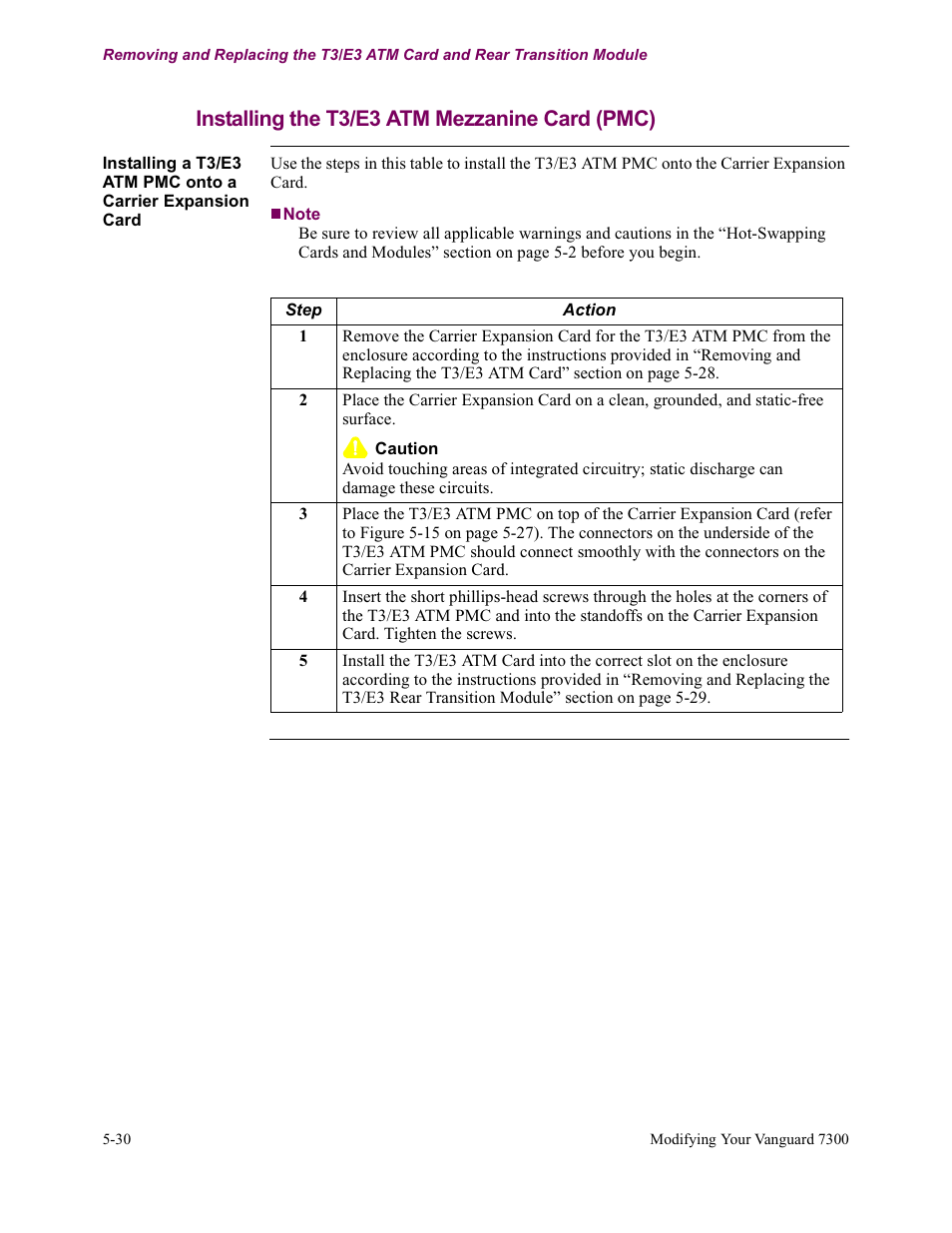 Installing the t3/e3 atm mezzanine card (pmc) | Vanguard Managed Solutions Vanguard 7300 Series User Manual | Page 168 / 227