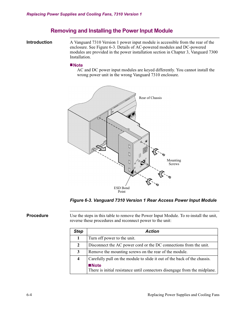 Removing and installing the power input module | Vanguard Managed Solutions Vanguard 7300 Series User Manual | Page 178 / 227