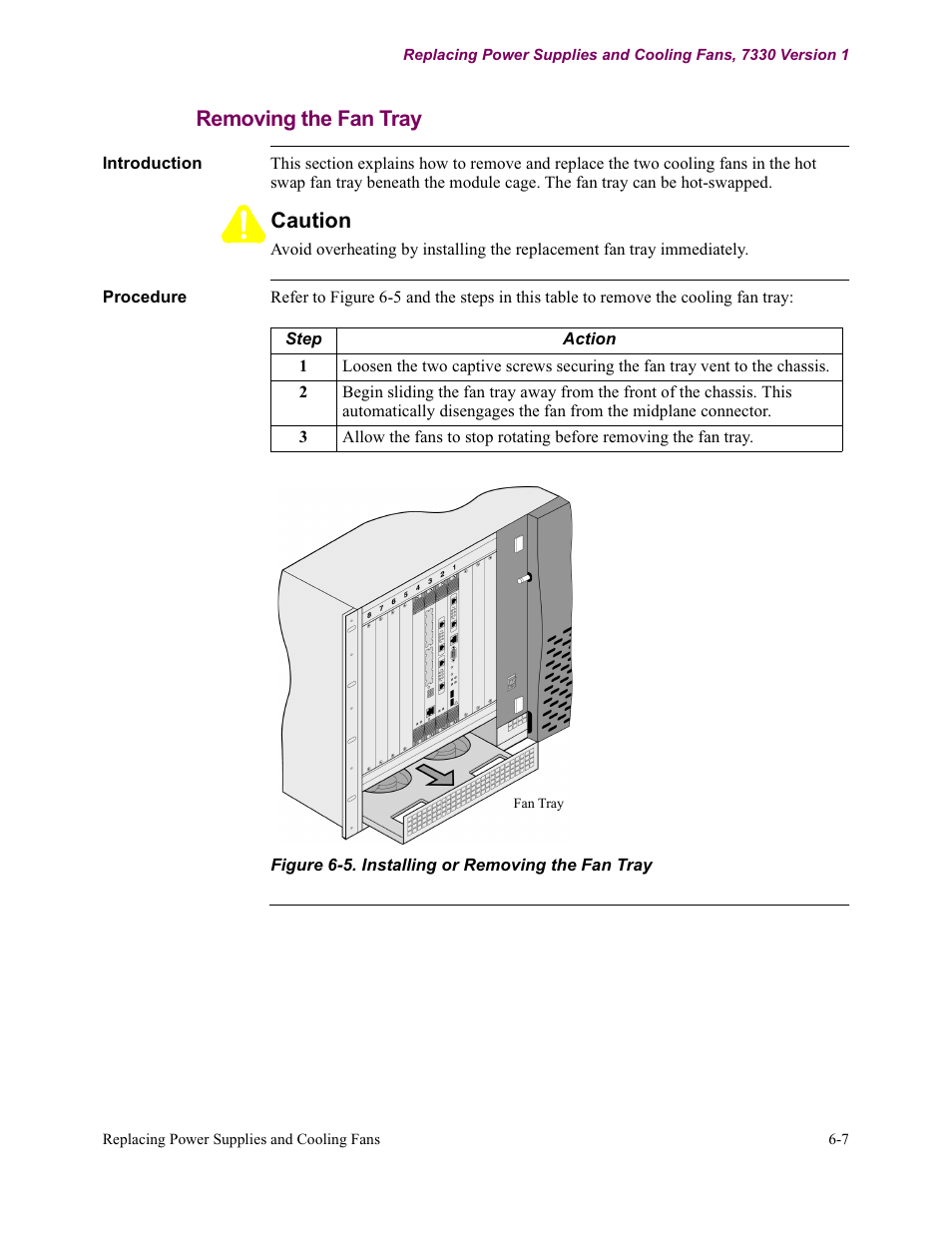 Removing the fan tray, Caution | Vanguard Managed Solutions Vanguard 7300 Series User Manual | Page 181 / 227