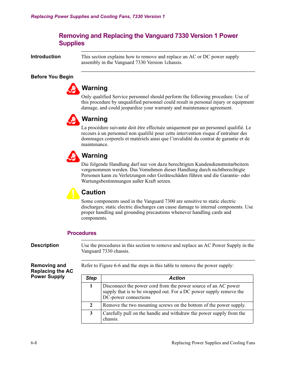 Procedures, Warning, Caution | Vanguard Managed Solutions Vanguard 7300 Series User Manual | Page 182 / 227