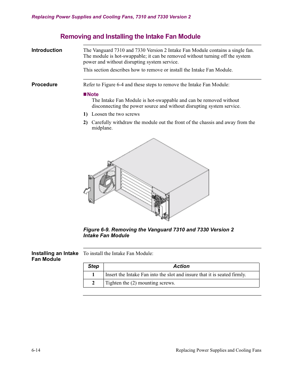 Removing and installing the intake fan module | Vanguard Managed Solutions Vanguard 7300 Series User Manual | Page 188 / 227