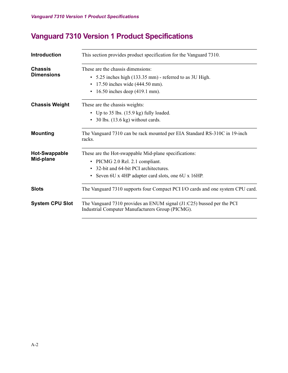 Vanguard 7310 version 1 product specifications | Vanguard Managed Solutions Vanguard 7300 Series User Manual | Page 190 / 227