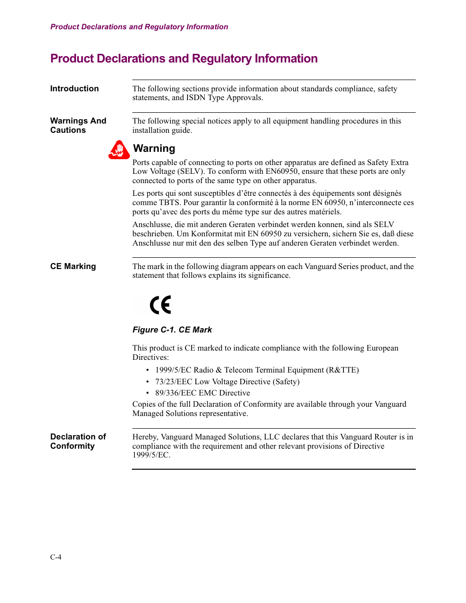 Product declarations and regulatory information, Warning | Vanguard Managed Solutions Vanguard 7300 Series User Manual | Page 216 / 227