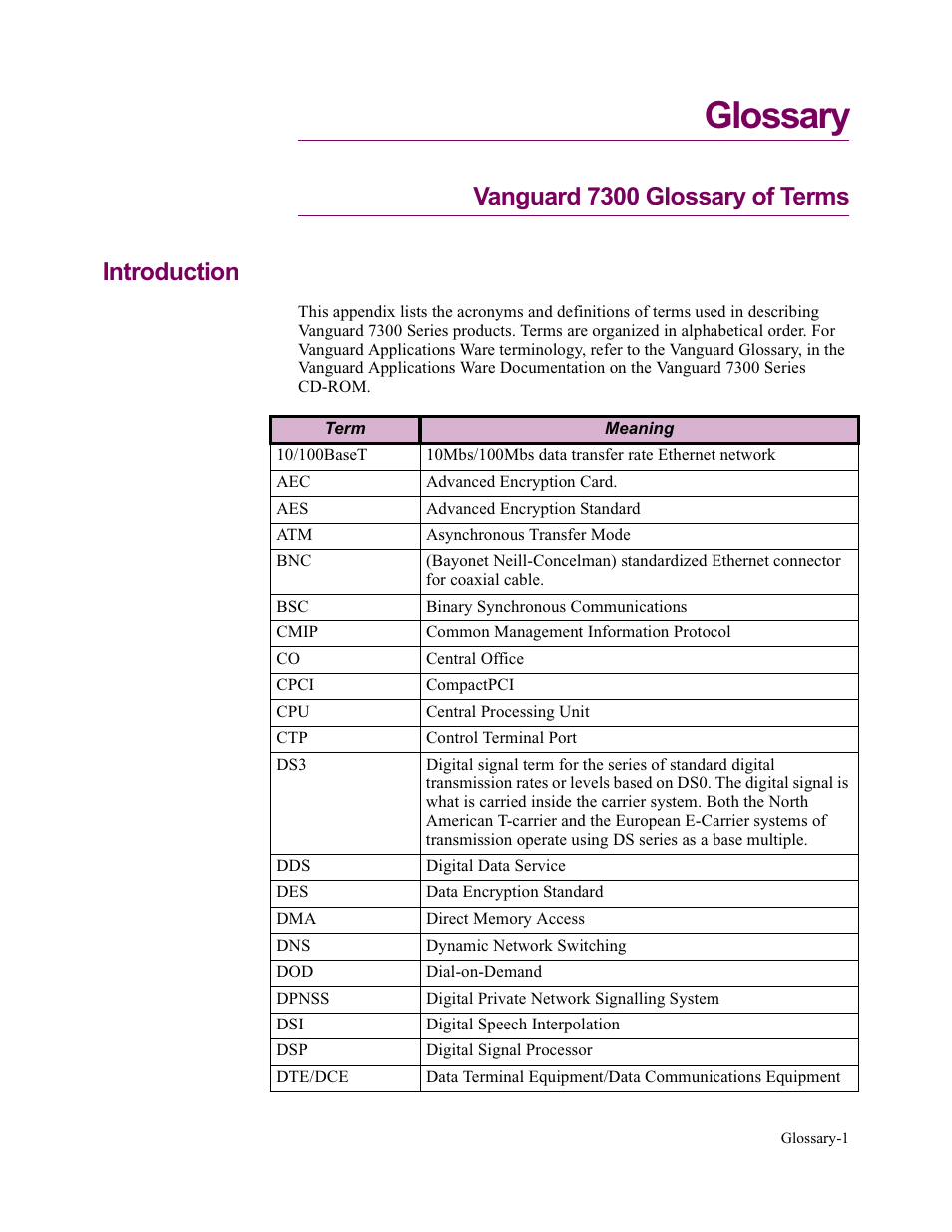 Glossary, Vanguard 7300 glossary of terms, Vanguard 7300 glossary of terms introduction | Vanguard Managed Solutions Vanguard 7300 Series User Manual | Page 219 / 227