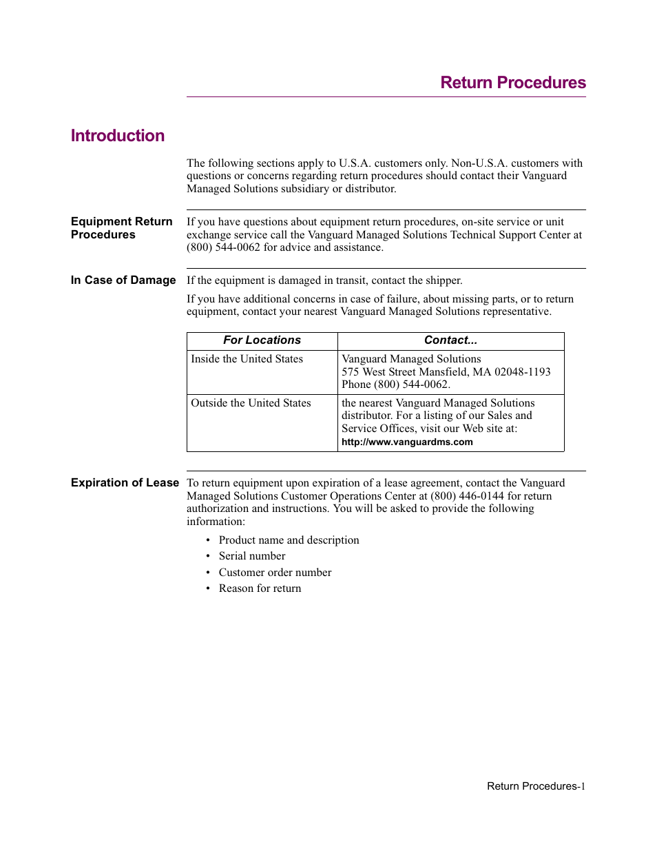 Return procedures, Return procedure, Return procedures introduction | Vanguard Managed Solutions Vanguard 7300 Series User Manual | Page 223 / 227