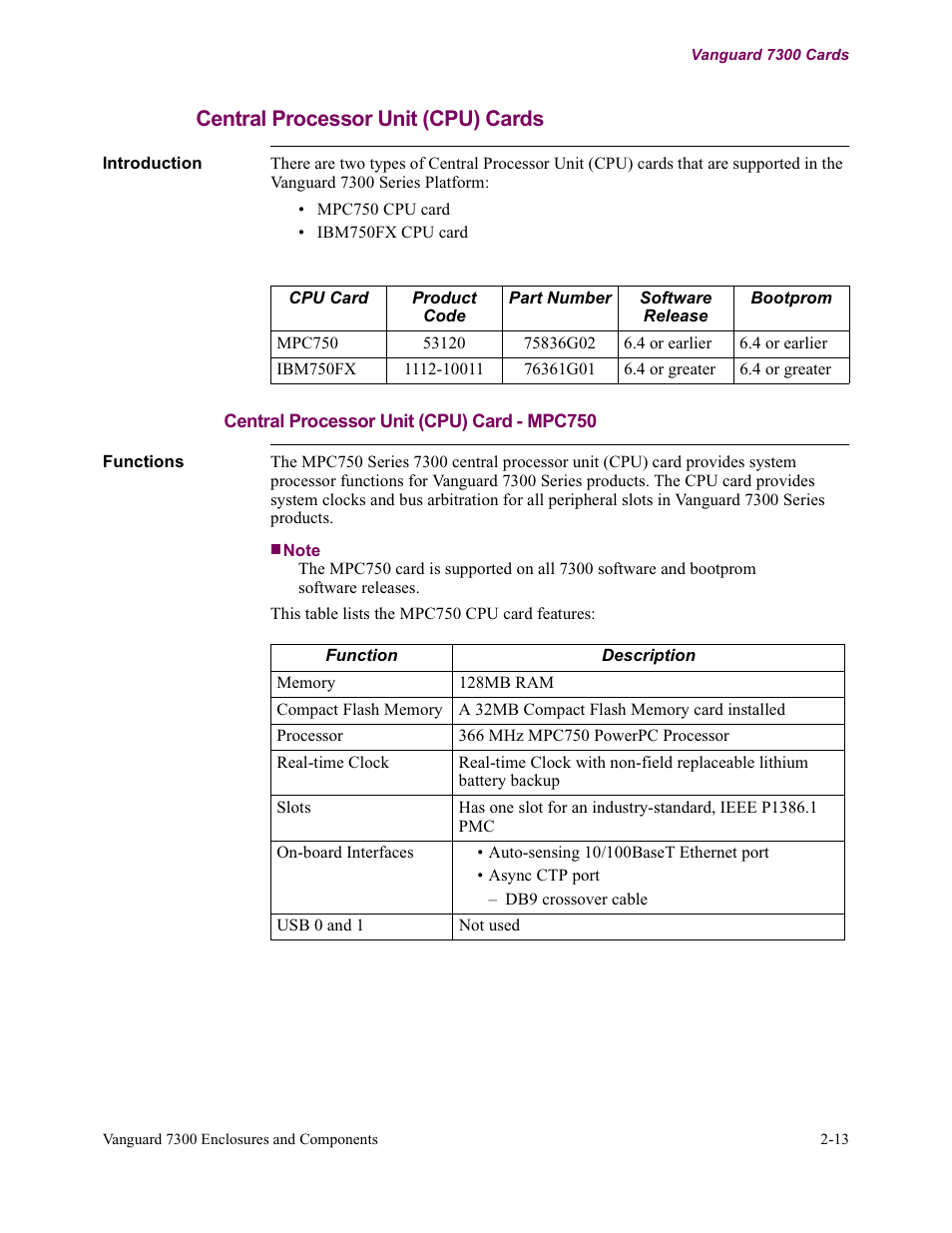 Central processor unit (cpu) cards, Central processor unit (cpu) card - mpc750 | Vanguard Managed Solutions Vanguard 7300 Series User Manual | Page 45 / 227