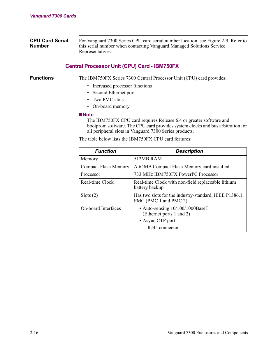 Central processor unit (cpu) card - ibm750fx | Vanguard Managed Solutions Vanguard 7300 Series User Manual | Page 48 / 227