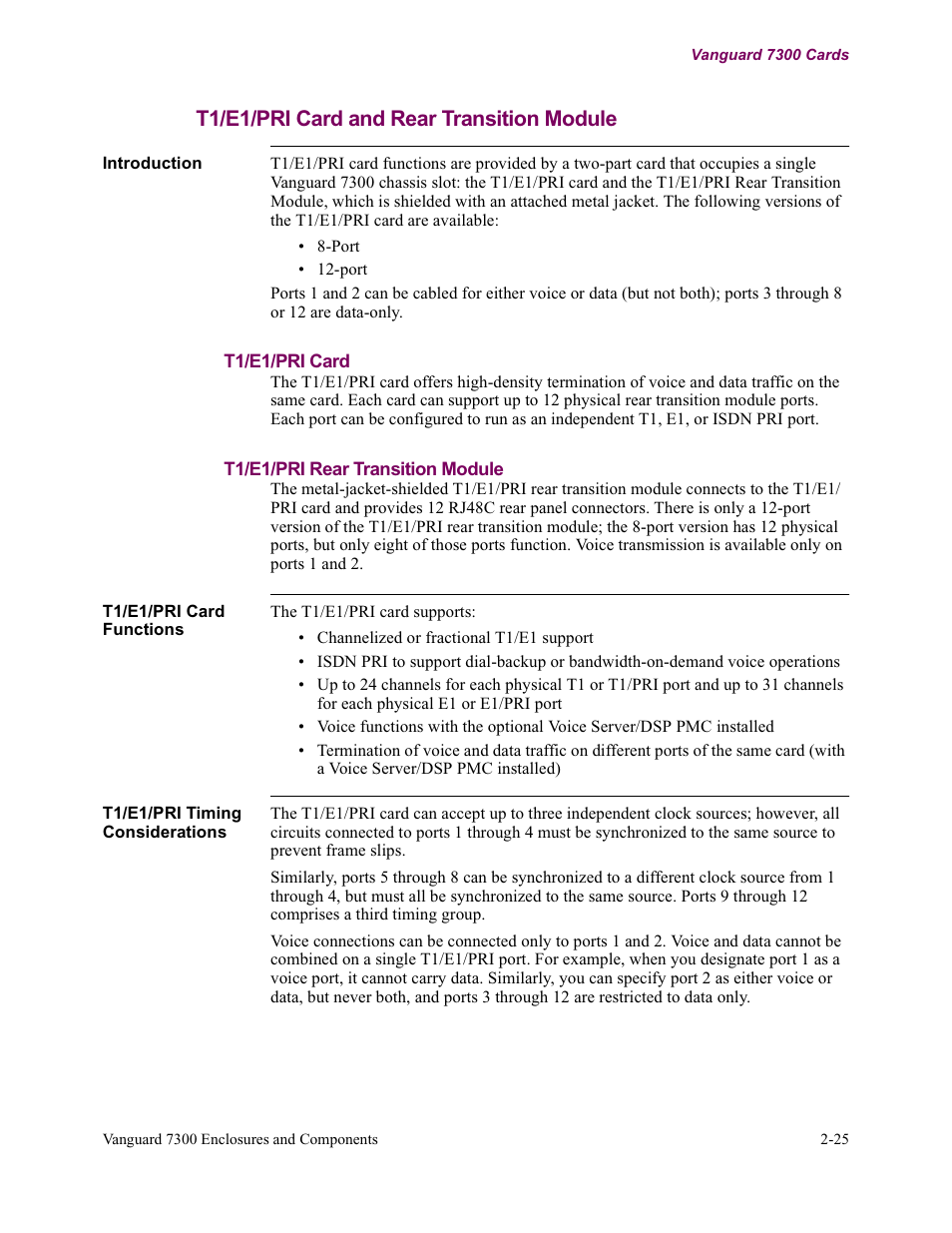 T1/e1/pri card and rear transition module, T1/e1/pri card, T1/e1/pri rear transition module | Vanguard Managed Solutions Vanguard 7300 Series User Manual | Page 57 / 227