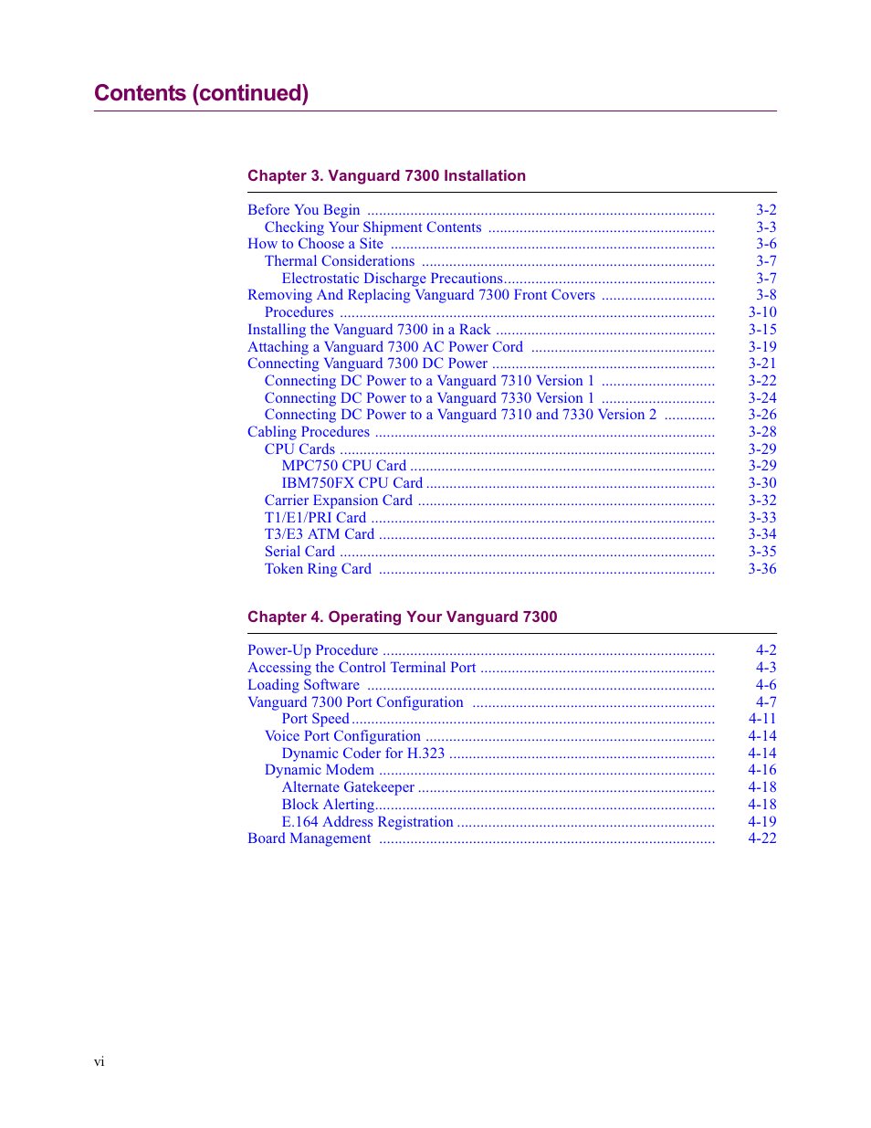 Contents (continued) | Vanguard Managed Solutions Vanguard 7300 Series User Manual | Page 6 / 227