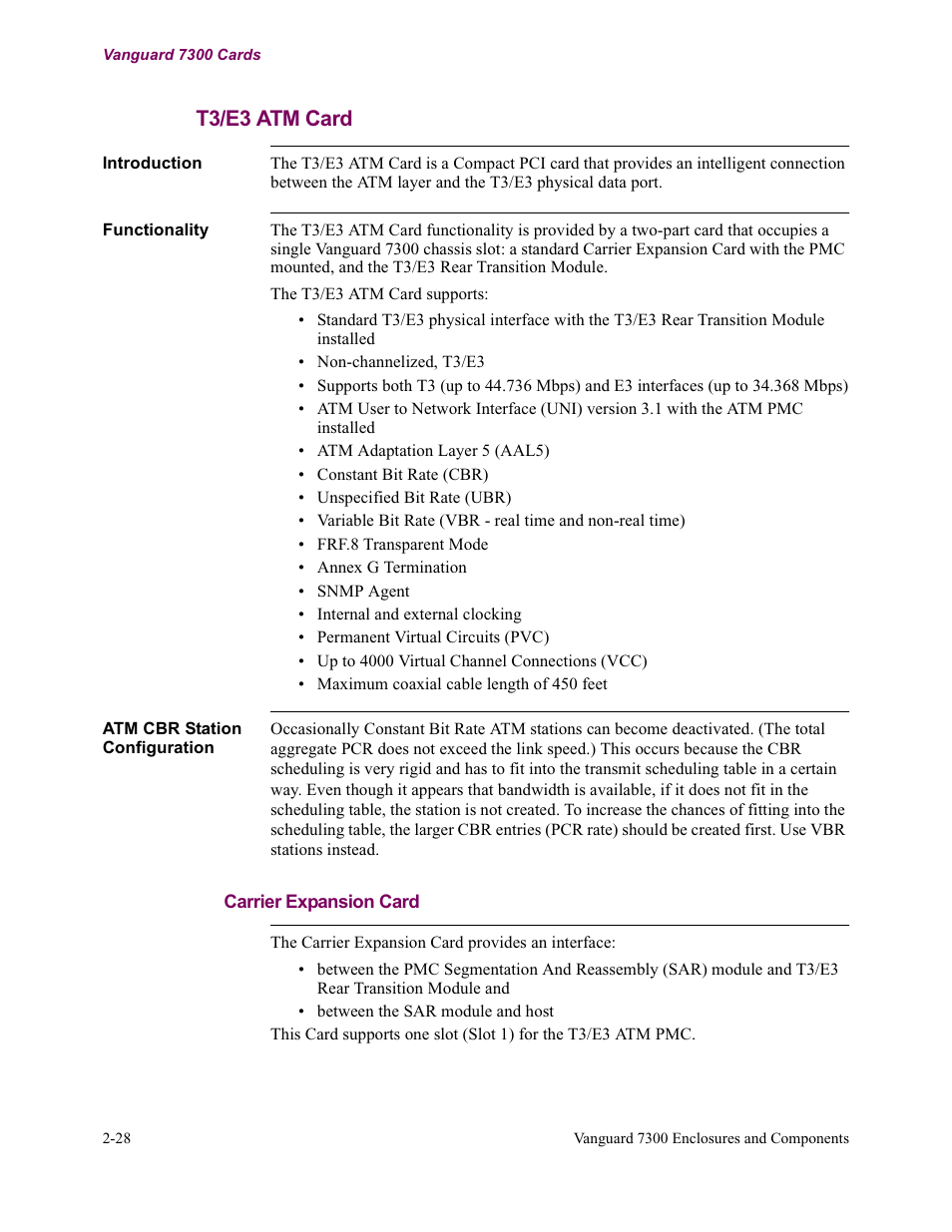 T3/e3 atm card, Carrier expansion card | Vanguard Managed Solutions Vanguard 7300 Series User Manual | Page 60 / 227