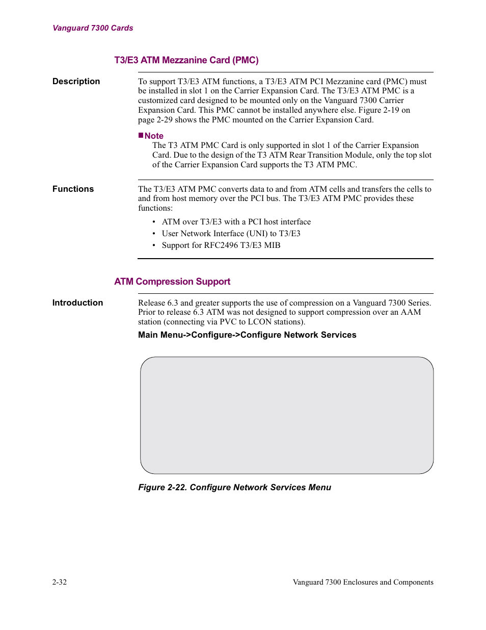 T3/e3 atm mezzanine card (pmc), Atm compression support | Vanguard Managed Solutions Vanguard 7300 Series User Manual | Page 64 / 227