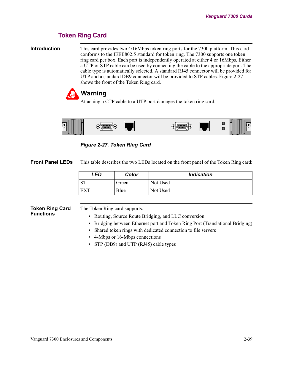 Token ring card, Warning | Vanguard Managed Solutions Vanguard 7300 Series User Manual | Page 71 / 227