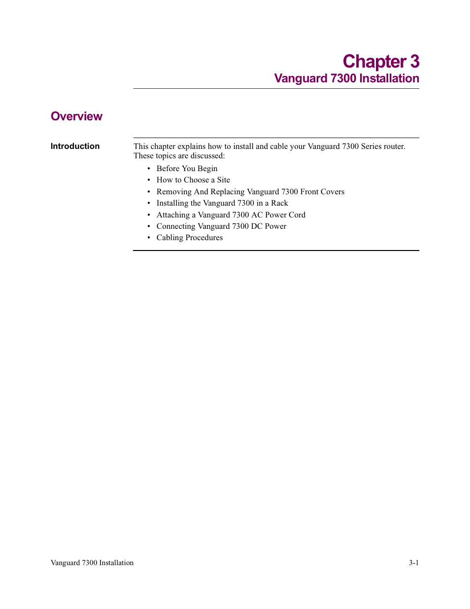 Chapter 3. vanguard 7300 installation, Chapter 3, vanguard 7300 installation, Chapter 3 | Vanguard 7300 installation overview | Vanguard Managed Solutions Vanguard 7300 Series User Manual | Page 75 / 227