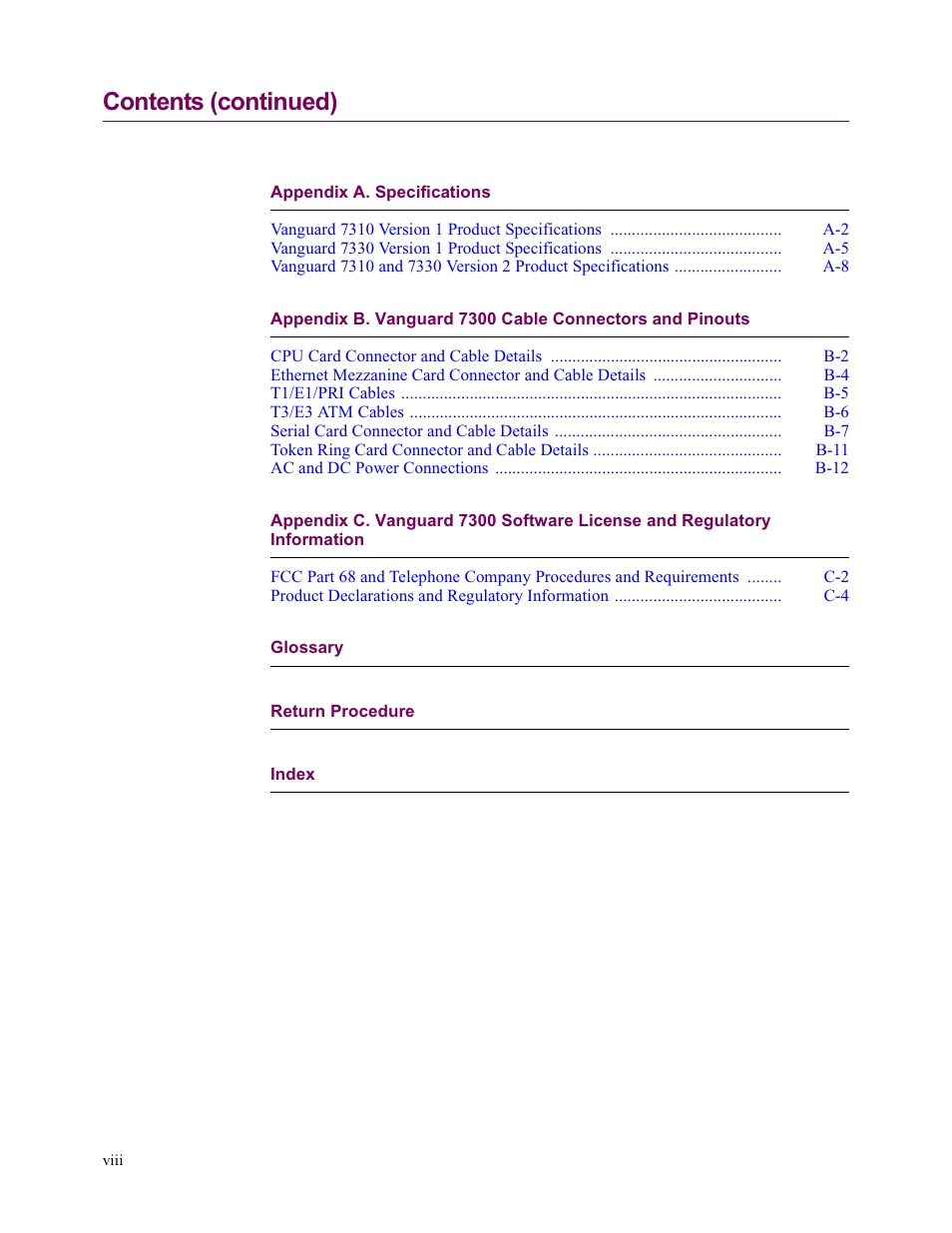 Contents (continued) | Vanguard Managed Solutions Vanguard 7300 Series User Manual | Page 8 / 227