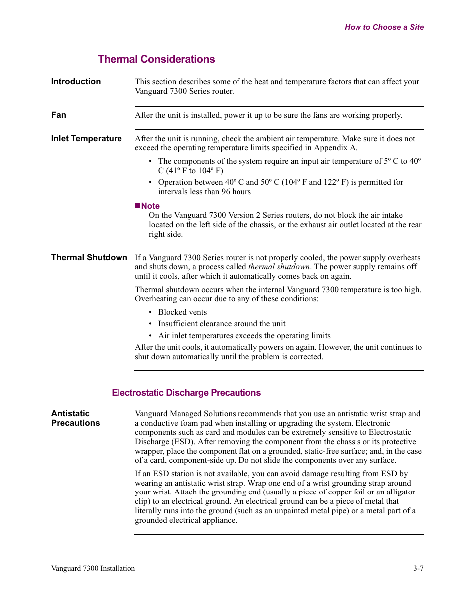 Thermal considerations, Electrostatic discharge precautions | Vanguard Managed Solutions Vanguard 7300 Series User Manual | Page 81 / 227