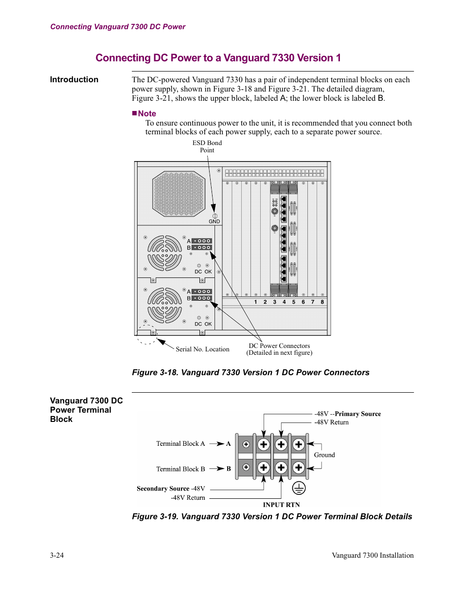 Connecting dc power to a vanguard 7330 version 1 | Vanguard Managed Solutions Vanguard 7300 Series User Manual | Page 98 / 227