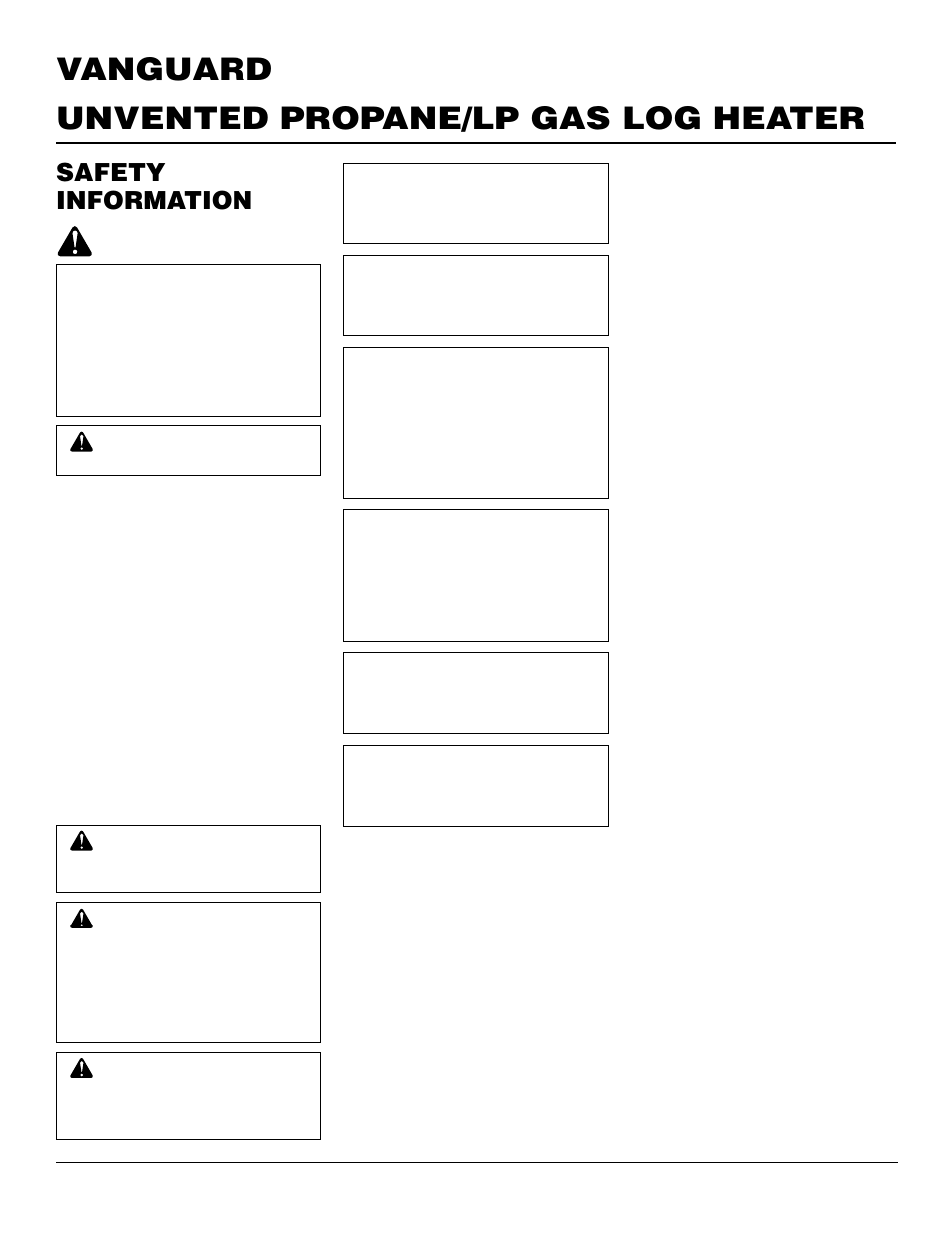 Unvented propane/lp gas log heater vanguard, Safety information | Vanguard Managed Solutions VYS30PWA User Manual | Page 2 / 26